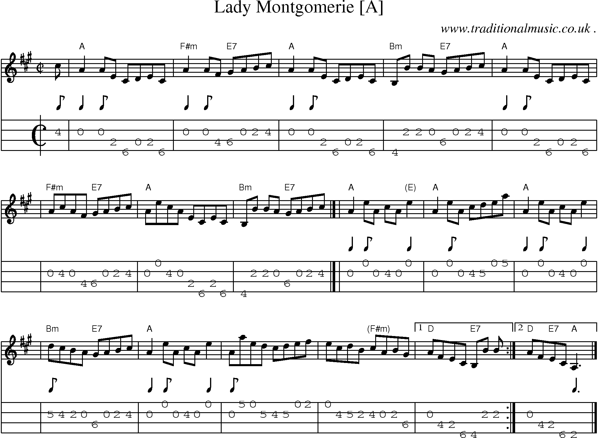 Sheet-music  score, Chords and Mandolin Tabs for Lady Montgomerie [a]